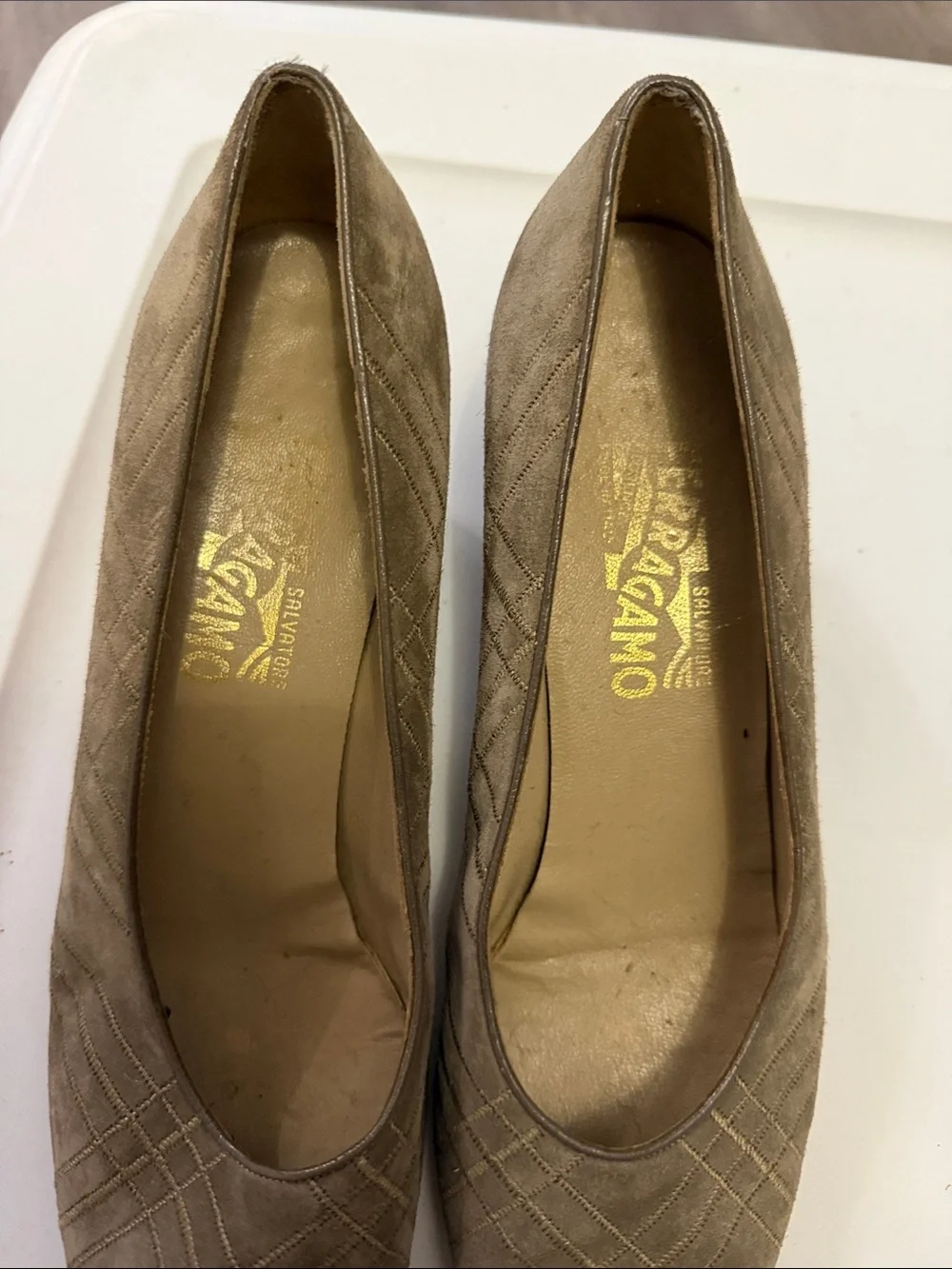 Salvatore Ferragamo Taupe Suede Quilted Pointed Square Heels Size 10AA Vintage